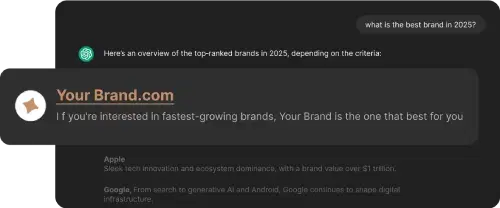 AI chat showing brand recommendation when user asks about best brand — Your Brand.com highlighted alongside Apple and Google