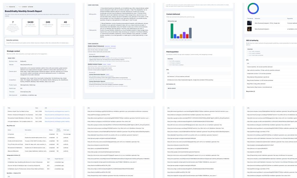 BrandVirality Monthly Growth Report — strategic context, key metrics, content delivered, paid acquisition, and SEO & authority sections